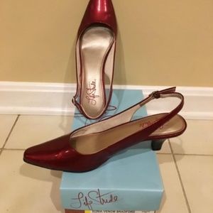 Ruby Red patent leather sling shoe